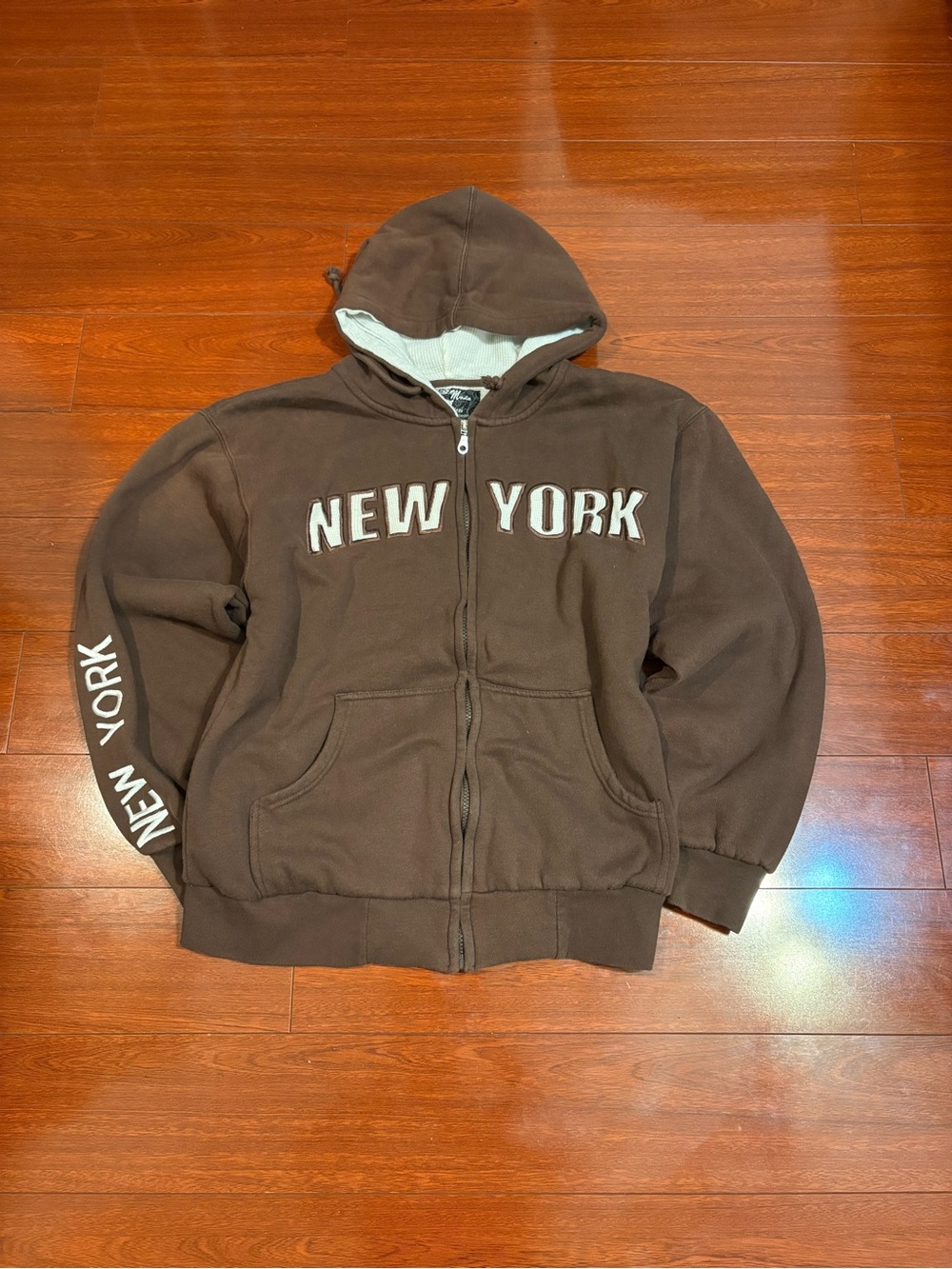 Men’s Y2K American Vintage Brown Thermal Lined Hoodie Size Medium Zip Up